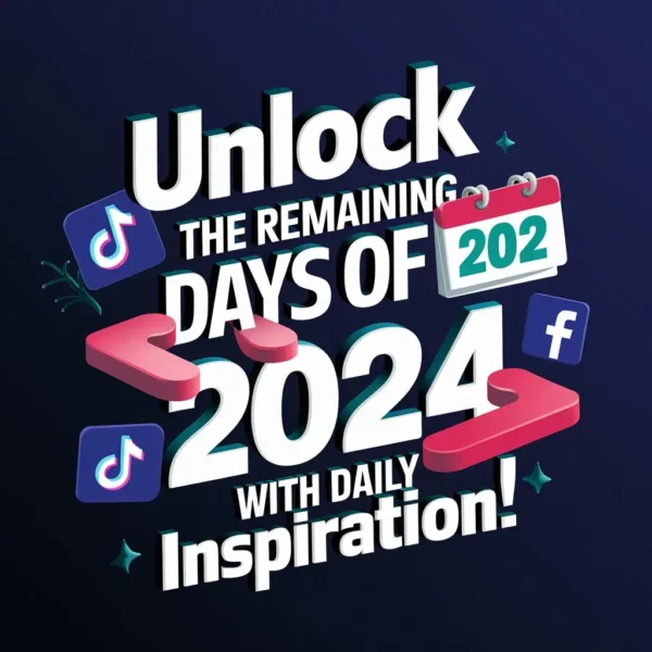 Vibrant promotional image for "Daily Motivation Bundle of 2024 Content" featuring countdown, calendar icon, reels graphic, and social media symbols.