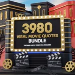 3980 Viral Movie Quotes Bundle with Editable Canva Templates, available at Pelupa Store. A cinematic-themed image with movie clapperboards, film reels, and call-to-action text 'Boost Your Social Media Engagement!' Perfect for Instagram, Facebook, and Twitter.