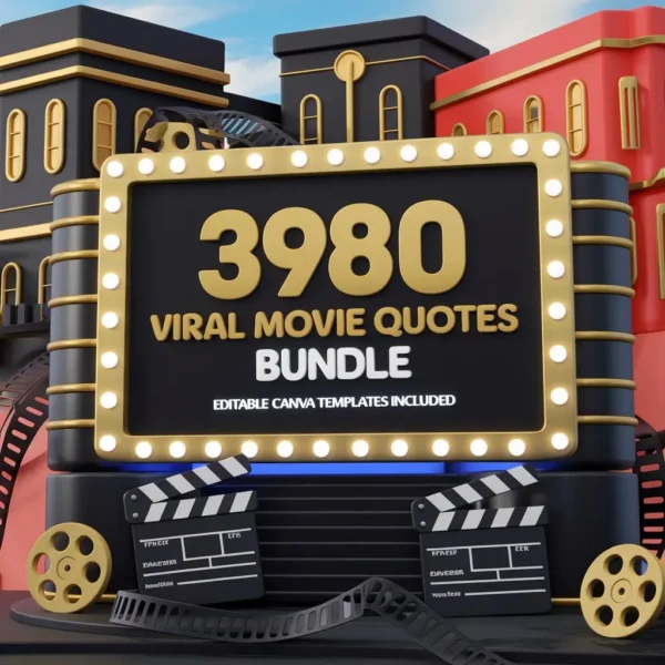 3980 Viral Movie Quotes Bundle with Editable Canva Templates, available at Pelupa Store. A cinematic-themed image with movie clapperboards, film reels, and call-to-action text 'Boost Your Social Media Engagement!' Perfect for Instagram, Facebook, and Twitter.