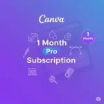 A laptop displaying the Canva Pro interface next to the text 'Canva Pro 1 Month Plan' and a 5-star rating for social proof on pelupa store.