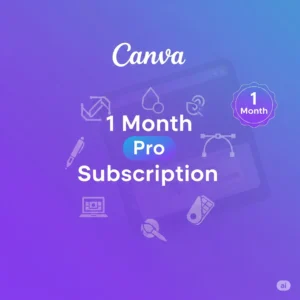 A laptop displaying the Canva Pro interface next to the text 'Canva Pro 1 Month Plan' and a 5-star rating for social proof on pelupa store.