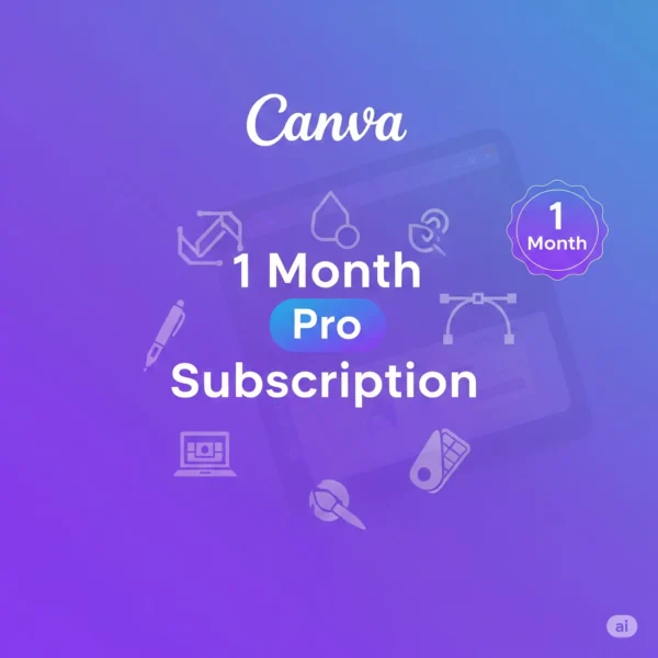 A laptop displaying the Canva Pro interface next to the text 'Canva Pro 1 Month Plan' and a 5-star rating for social proof on pelupa store.