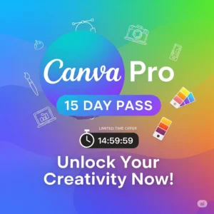 Promotional image for the pelups Canva Pro 15 Day Pass, showing a clock icon to represent instant, short-term access to all pro features.