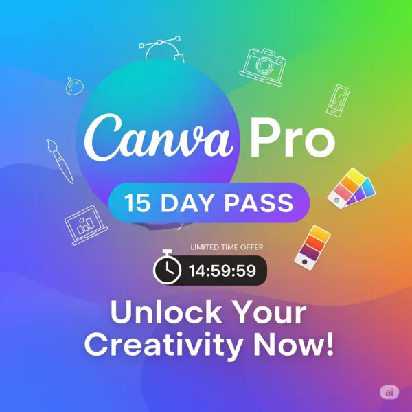 Promotional image for the pelups Canva Pro 15 Day Pass, showing a clock icon to represent instant, short-term access to all pro features.